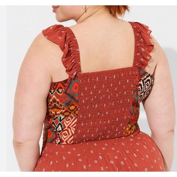 Torrid Top Women's 4X Challis Smocked Ruffles Trim Crop Bohemian Square Neck - Picture 5 of 10